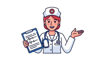 Friendly female doctor providing medical information with a smile and gesturing welcome