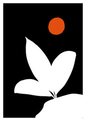 Desmodium leaf silhouette with orange sun on black background for calm zen artwork. Perfect for wallpaper, poster, banner, card, template, print, packaging, and branding visuals.