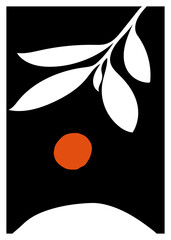 Tea leaf silhouette and sun in a minimal floral background for posters, cards, or branding. Perfect for packaging, decor, or printable artwork with bold black, white, and orange design.