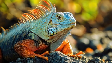 A close-up of an iguana basking in sunlight on a rocky surface