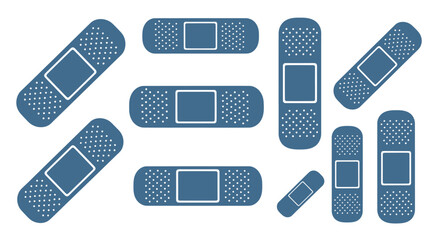 Collection of blue medical bandages, health and protection vector concept with different shapes