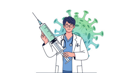 Confident doctor holding a large syringe with virus illustration behind him promoting global