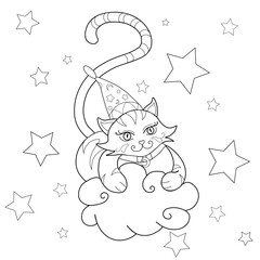 Сoloring page for childrens magician tabby cat on cloud with stars