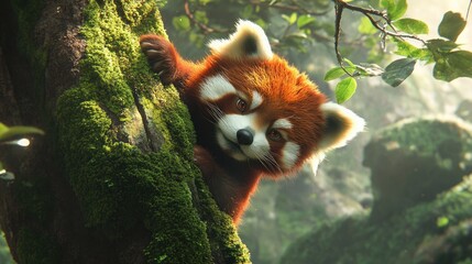 A close-up shot of a red panda climbing a moss-covered tree