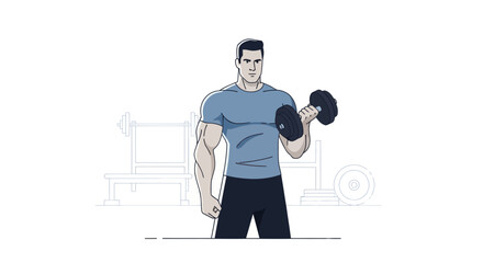 Illustration of a muscular man lifting dumbbells at the gym for fitness and strength training