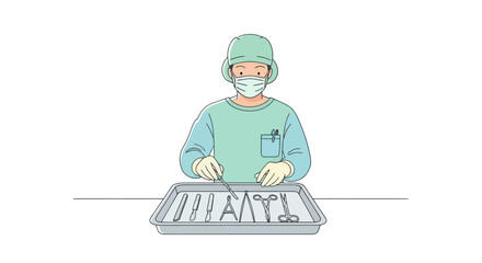 Surgical Preparation: Medical professional arranging instruments for procedure attentively