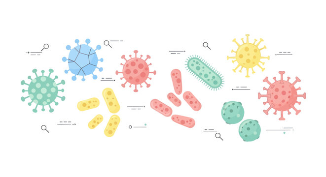 Diverse types of microorganisms and pathogens illustration arranged on white background