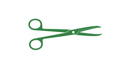 Minimalist vector illustration of green curved surgical scissors on white backdrop for healthcare