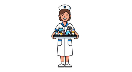 Friendly nurse carrying medication tray conveying care in healthcare setting illustrated cheerfully