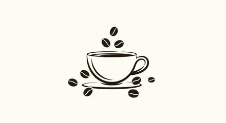 Elegant monochrome depiction of a coffee cup amidst scattered coffee beans arrangement