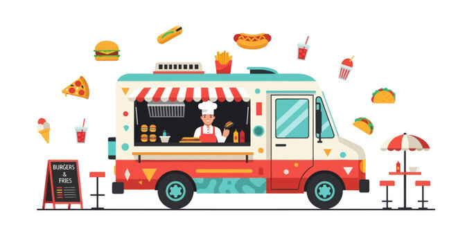Illustration of a vibrant food truck with appetizing graphics and a cheerful chef character ready