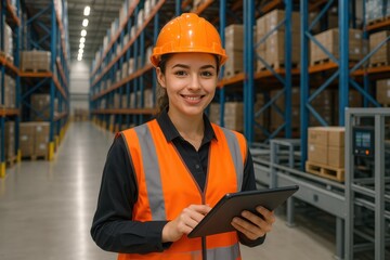 Confident female logistics coordinator wearing high-visibility safety vest in modern distribution warehouse