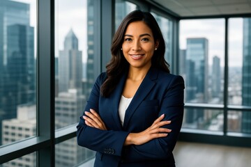 Confident Latina executive woman in power suit leading boardroom with professional presence