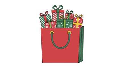 Festive holiday gifts in a red shopping bag on a white background illustration