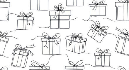 Elegant gift boxes in black line art style repeating pattern for backgrounds and textiles