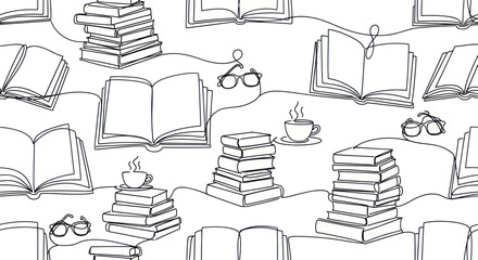 Monochrome continuous line illustration of books, coffee cups and spectacles creates reading