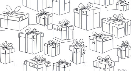 Delicate line drawing showcases a delightful array of gift boxes conveying celebration