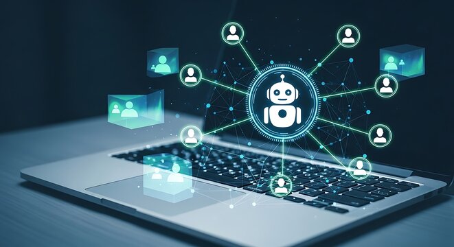 Futuristic digital network connecting a central robot icon to multiple user profiles and glowing cubes representing artificial intelligence and technology integration on a laptop