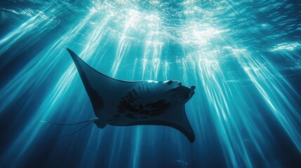 A large manta ray gliding under the ocean surface with beams of light piercing through the water above