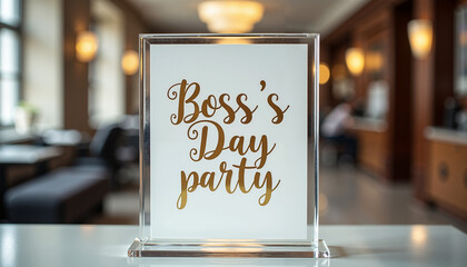 Boss's Day party sign in modern decor on table in office setting  
