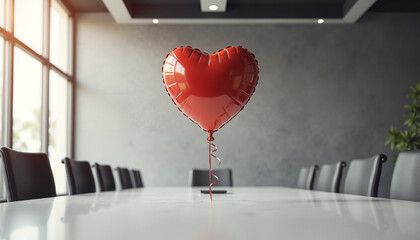 Single red heart-shaped balloon in office meeting room for Boss's Day