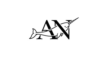 Monochrome emblem featuring a stylized narwhal intertwined with the letters AN © Alis