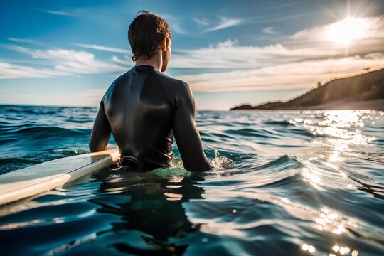 Surfer in black wetsuit sitting on board in calm ocean water at sunset, facing horizon with warm sky and distant coastline in tranquil scene