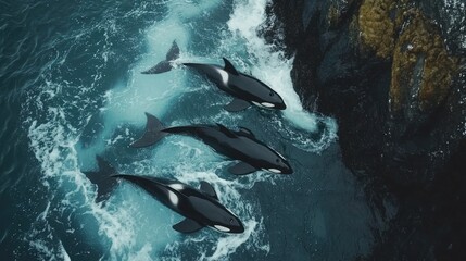 A mesmerizing aerial shot of a pod of orcas swimming in perfect synchronicity through turbulent blue waters near rocky cliffs
