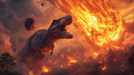 Epic scene of different dinosaur species fleeing from a volcanic eruption