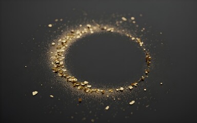 Golden circle of sparkling flakes and dust against a dark surface, shimmering with light and luxury, perfect for invitations or designs.