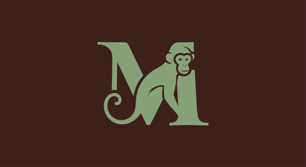 Elegant logo design featuring a monkey integrated within the letter M on brown background