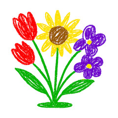 Crayon drawing of a bouquet with tulips sunflower and purple flowers floral bloom isolated on a transparent background