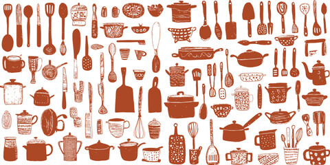 Collection of kitchen utensils and cookware in a vintage style illustration design art print image