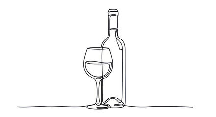 Minimalist wine art showcasing a bottle and glass, a fluid single line design ideal for design
