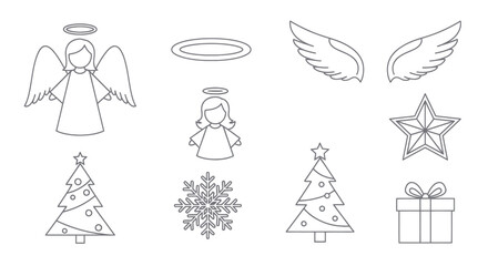 Elegant holiday icons and linear art celebrating festive angels and christmas trees