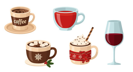 Cozy winter beverage assortment featuring hot cocoa, coffee, mulled wine and chocolate delight