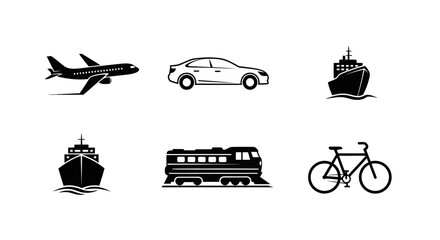 Collection of diverse transportation methods in minimalist vector style illustration