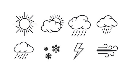 Weather icons collection minimal design showing variety of atmospheric conditions in vector format