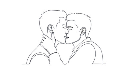 Continuous line art of two men sharing a tender moment in an intimate embrace