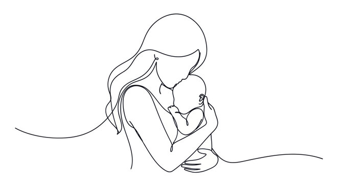 Continuous line drawing showcases the tender bond between mother and child in minimalist design - Powered by Adobe