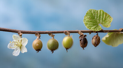 Lifecycle progression of kiwi from blossom to ready fruit
