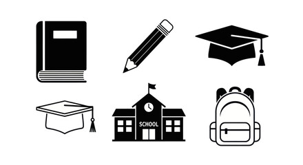 School education icons representing learning, teaching, and academic pursuits in simple monochrome