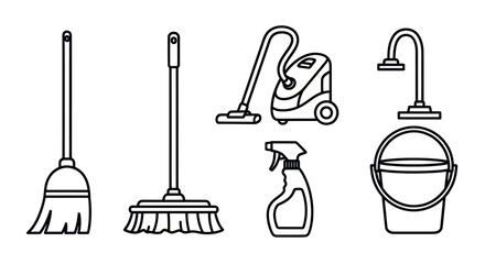 Essential cleaning tools and equipment line art illustration for hygiene and maintenance