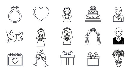 Obraz premium Collection of wedding vector line art icons representing various nuptial elements