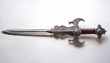 regal medieval sword isolated on white background intricate dragon guard silver blade brown leather handle ideal for historical designs fantasy games pirate themes