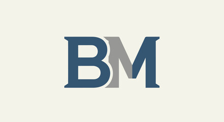 Bold and refined monogram design featuring intertwined blue and gray letters BM emblem