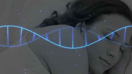Blue glow appearing at left initiating DNA helix growing over sleeping woman for health monitoring - Powered by Adobe