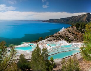 Obraz premium panoramic view of a terraced landscape with turquoise pools and trees