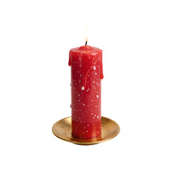 A serene image of a glowing red candle in a gold holder casting a warm light against a crisp white backdrop, isolated