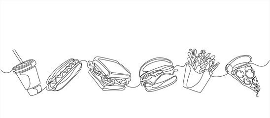 Fast food one line icons set. Continuous one line drawing of hot dog burger, sandwich, pizza, cola, french fries. Posters of fast food products, cafe theme for logo. Hand drawn. Editable stroke	